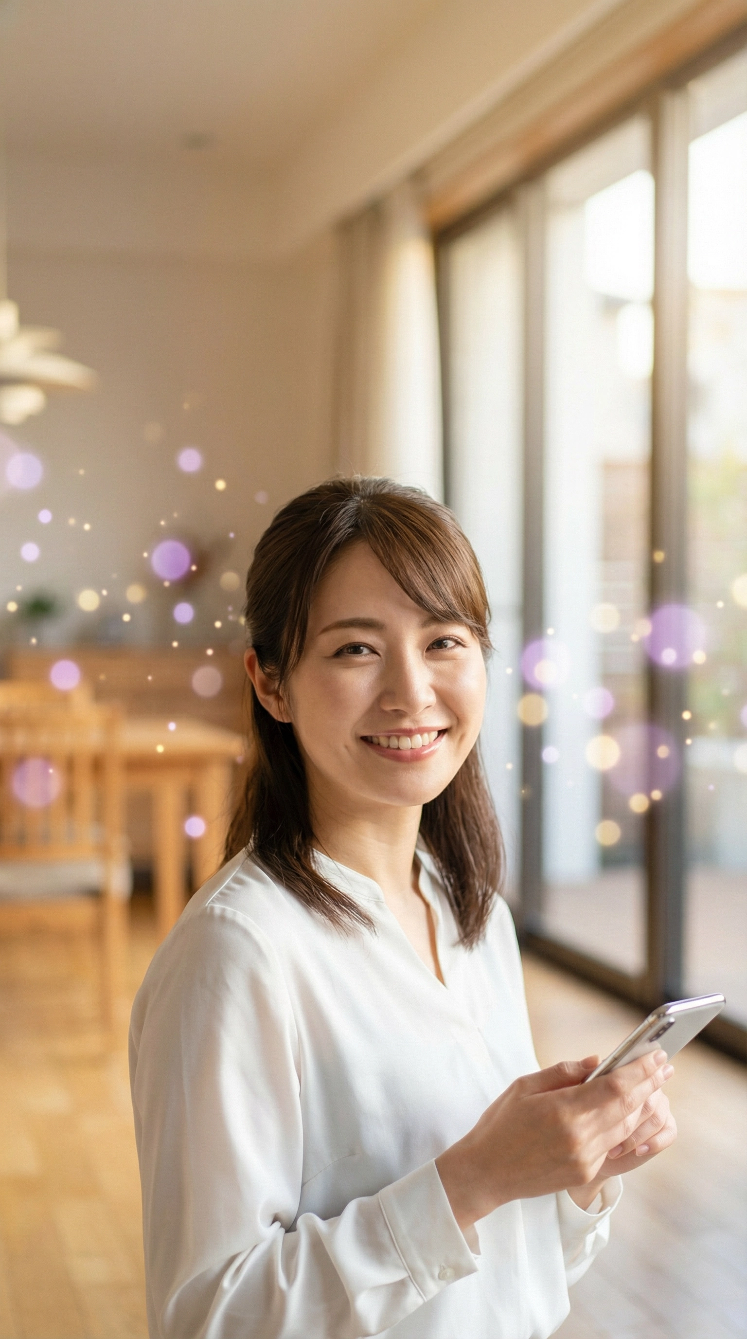 スマホを持ち微笑む女性