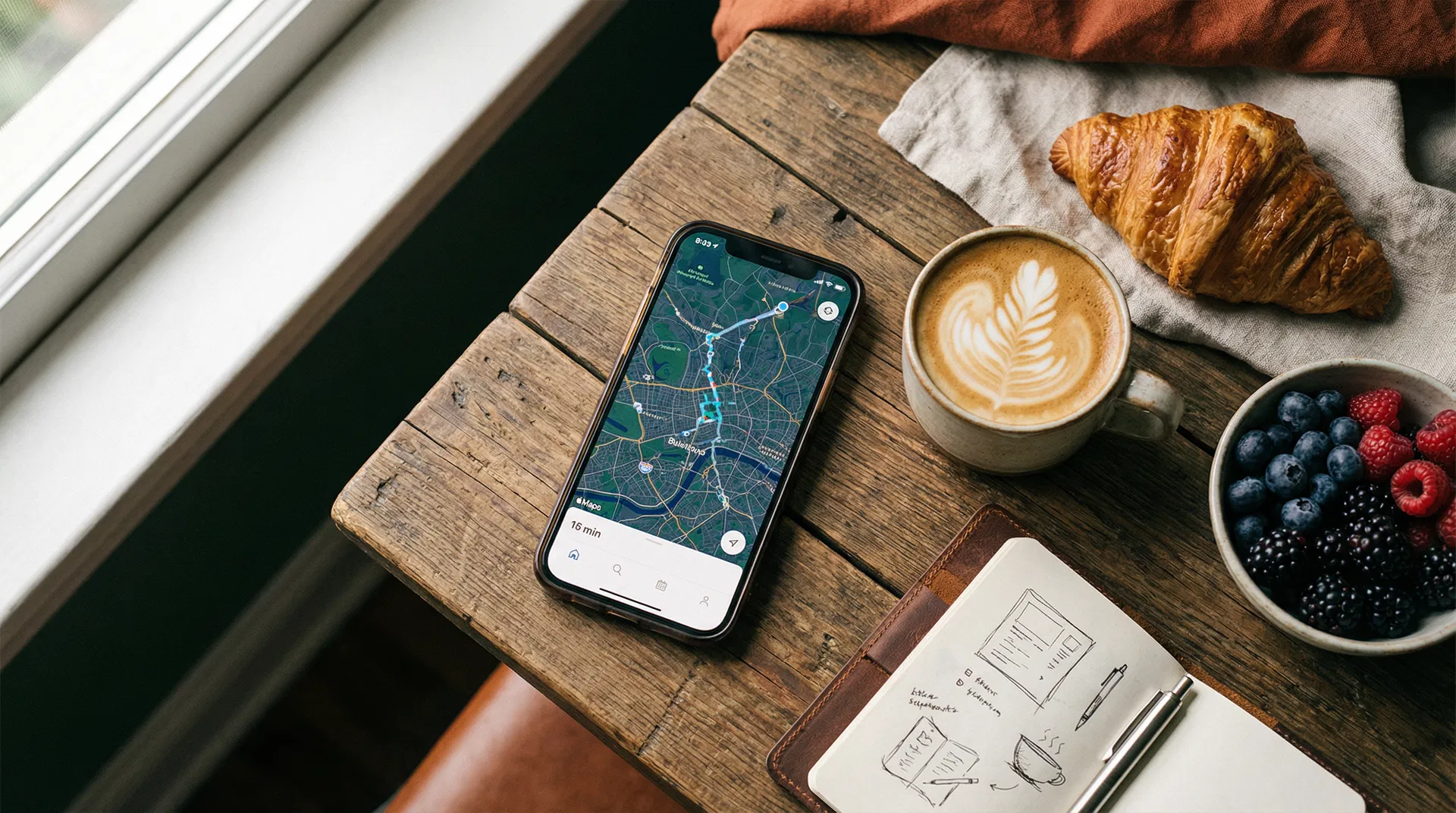 Phone with map app on cafe table