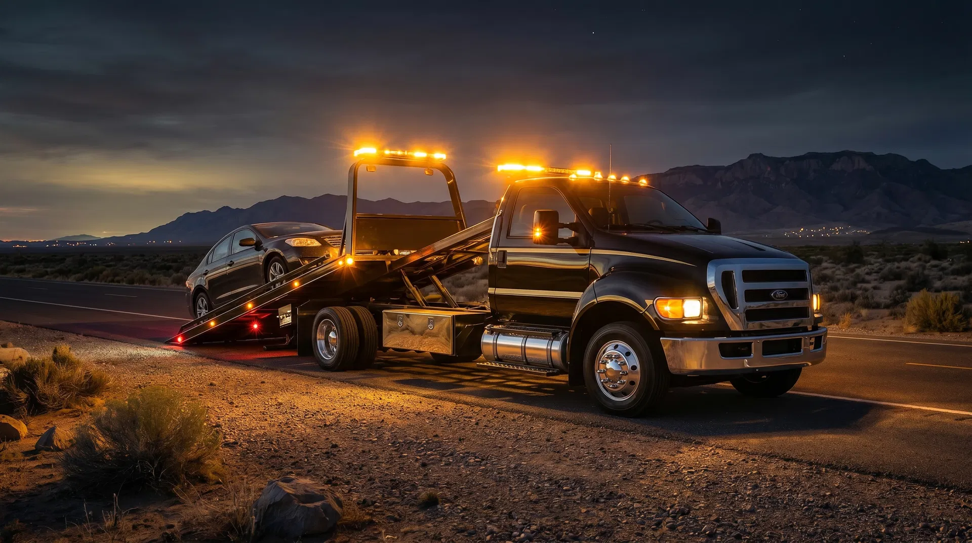 Tow truck night recovery scene