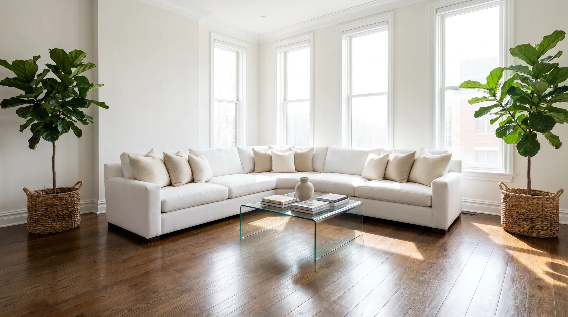 Clean living room with white sofa