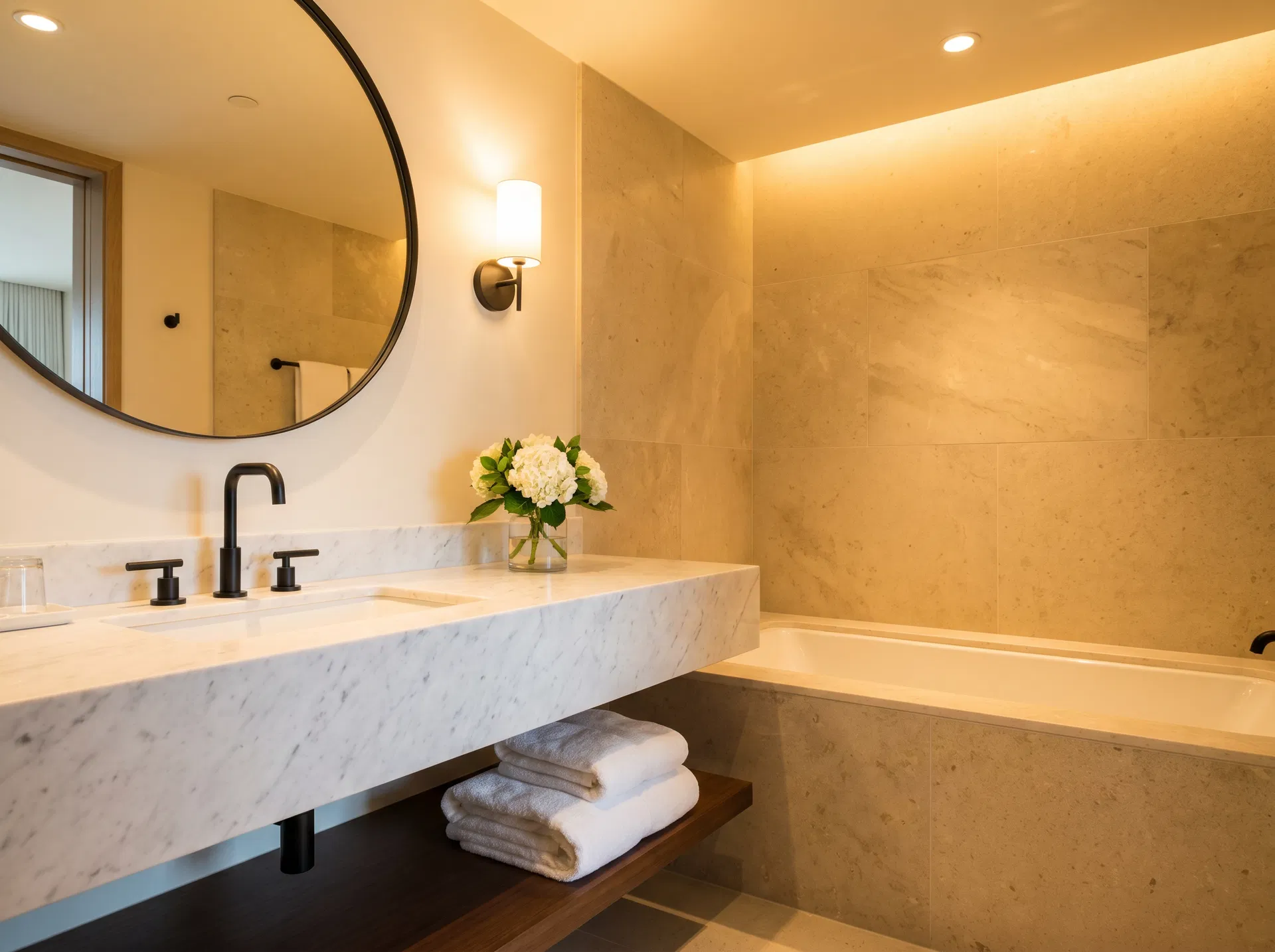 Spotless luxury bathroom with marble countertop and fresh flowers