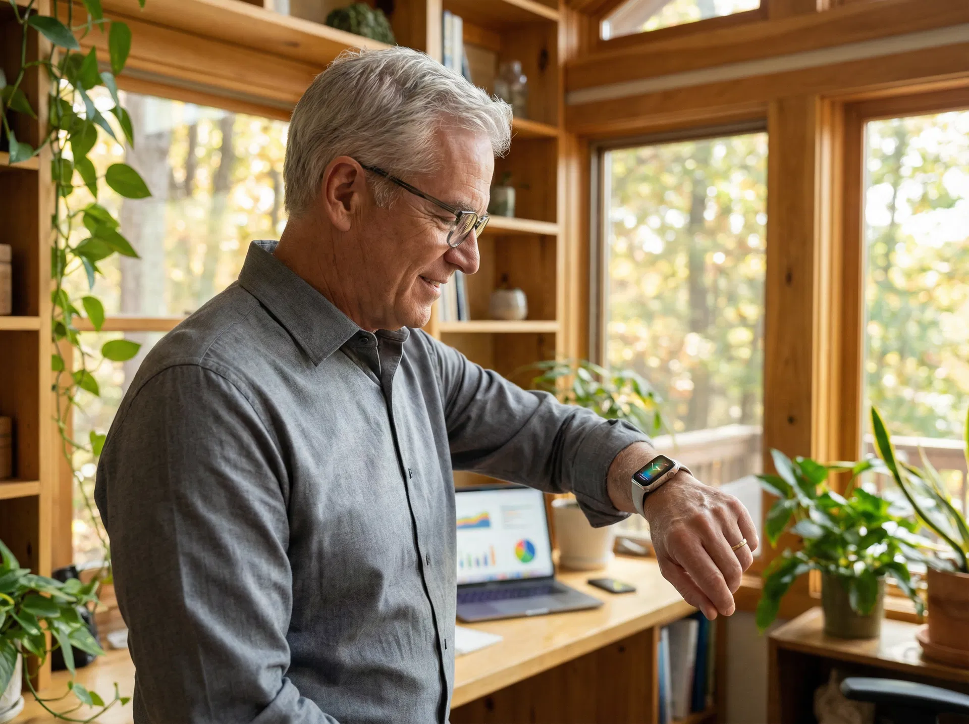 Active Boomer man checking health data on smartwatch