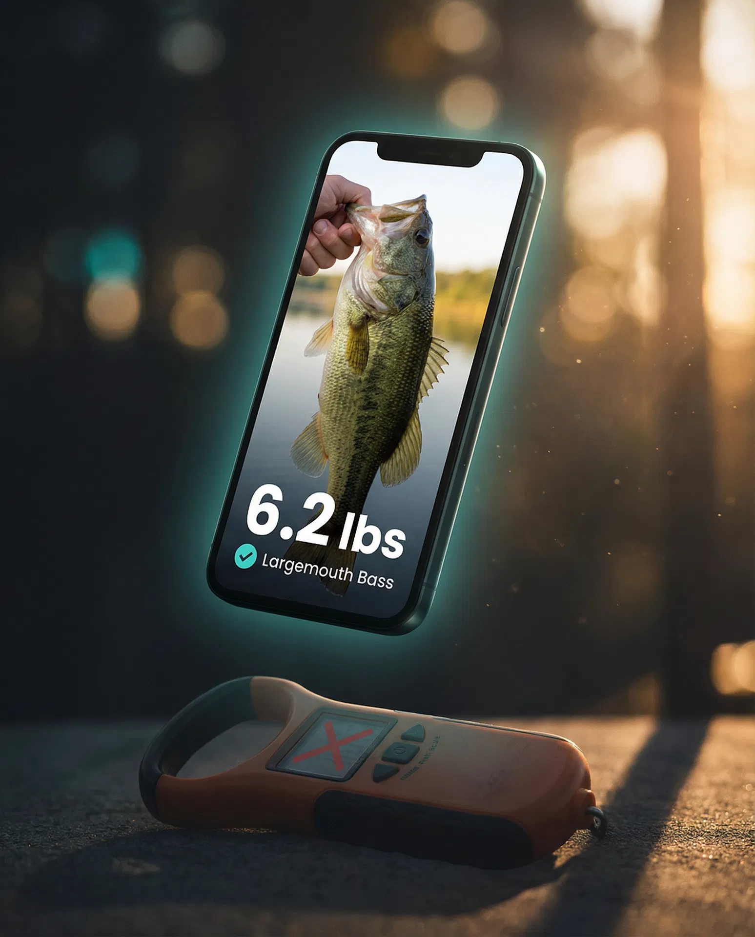 Smartphone displaying FishProof weight result floating above an obsolete physical fish scale — your phone is now your fish scale