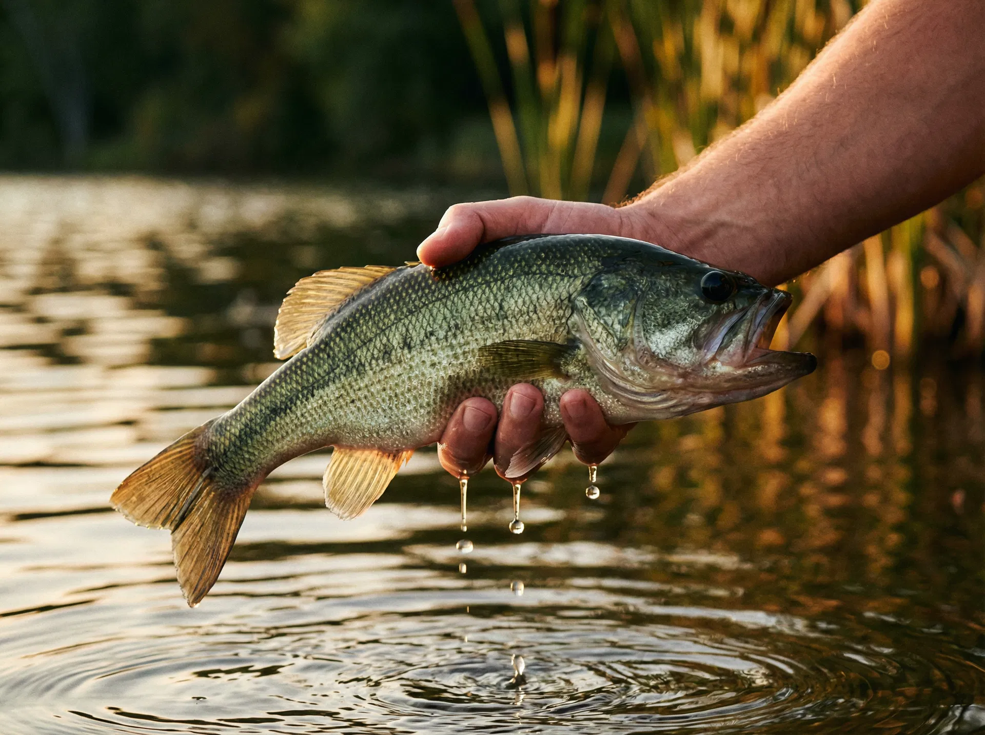 Close-up of a largemouth bass being held above water