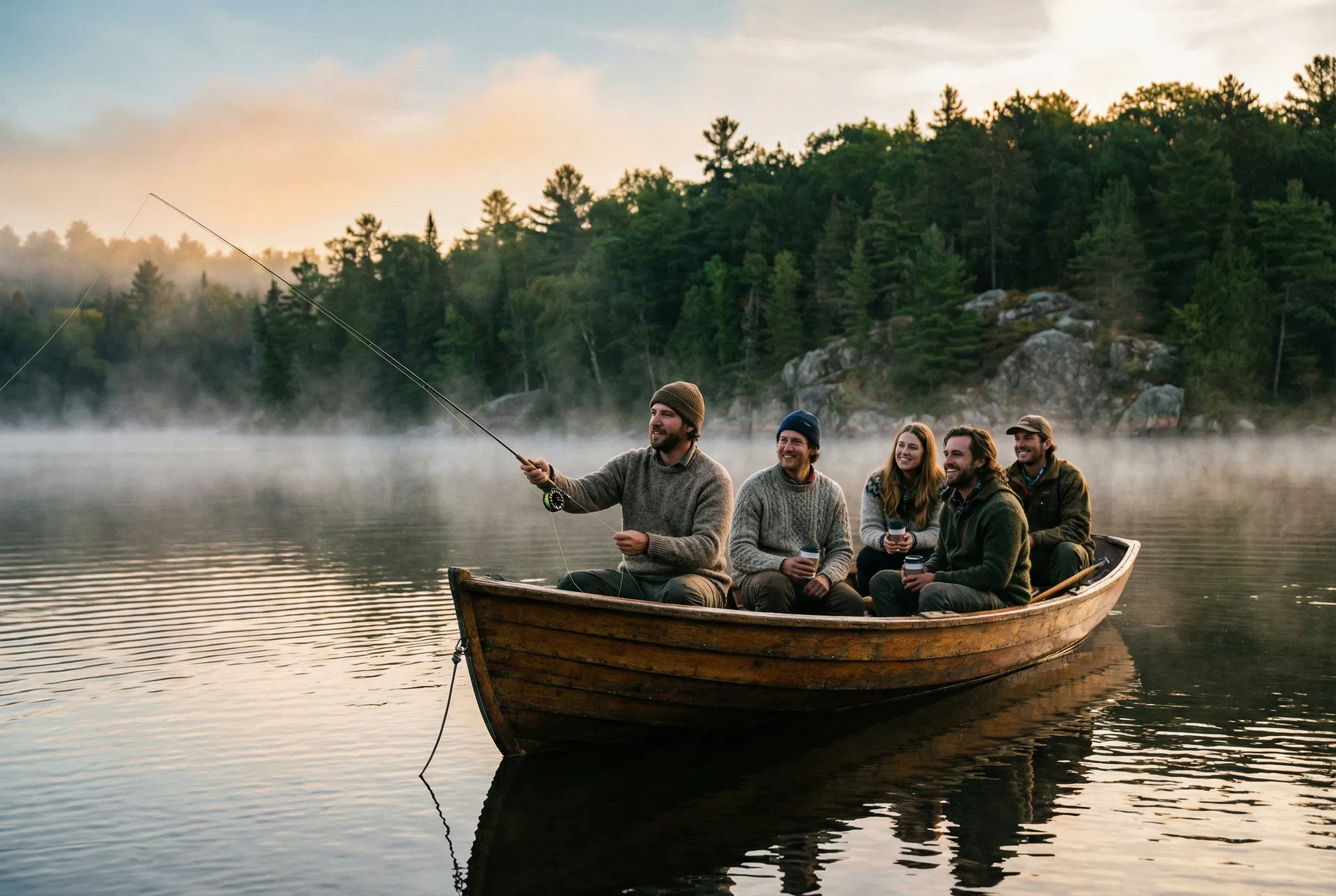 Friends fishing from a boat at dawn