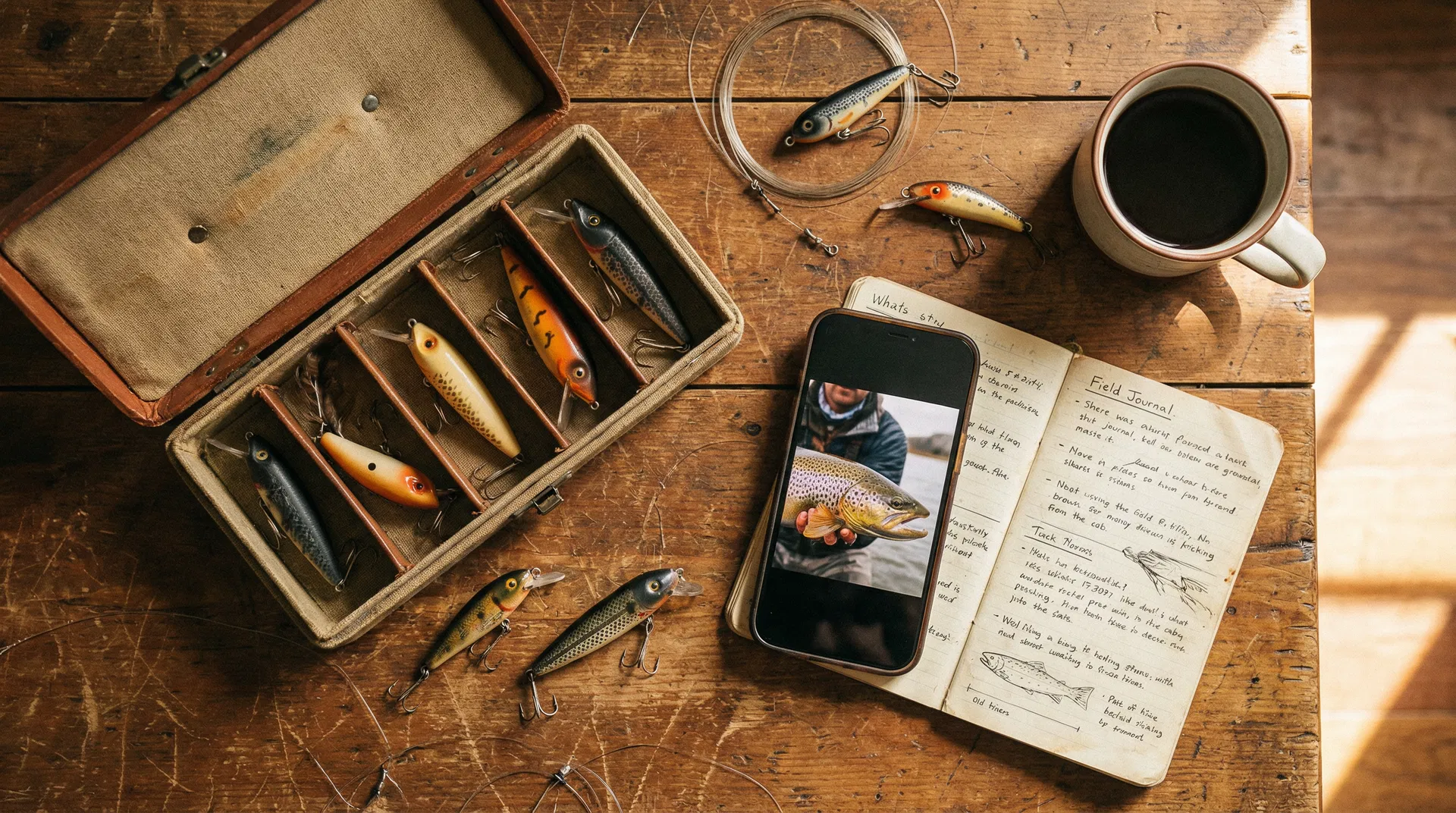 Fishing gear flat-lay with phone and field journal