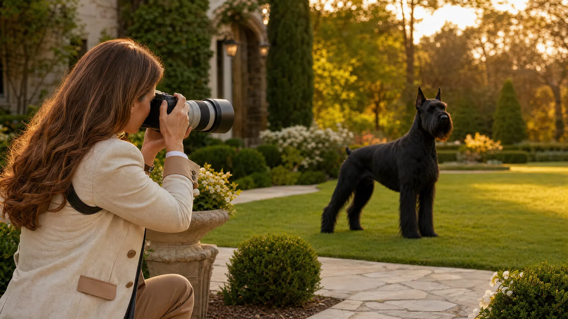 Carol photographing a Giant Schnauzer in an estate garden