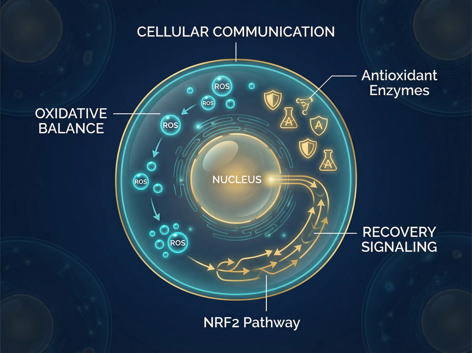 Cellular communication and redox signaling diagram showing ROS molecules, NRF2 pathway, and antioxidant enzymes