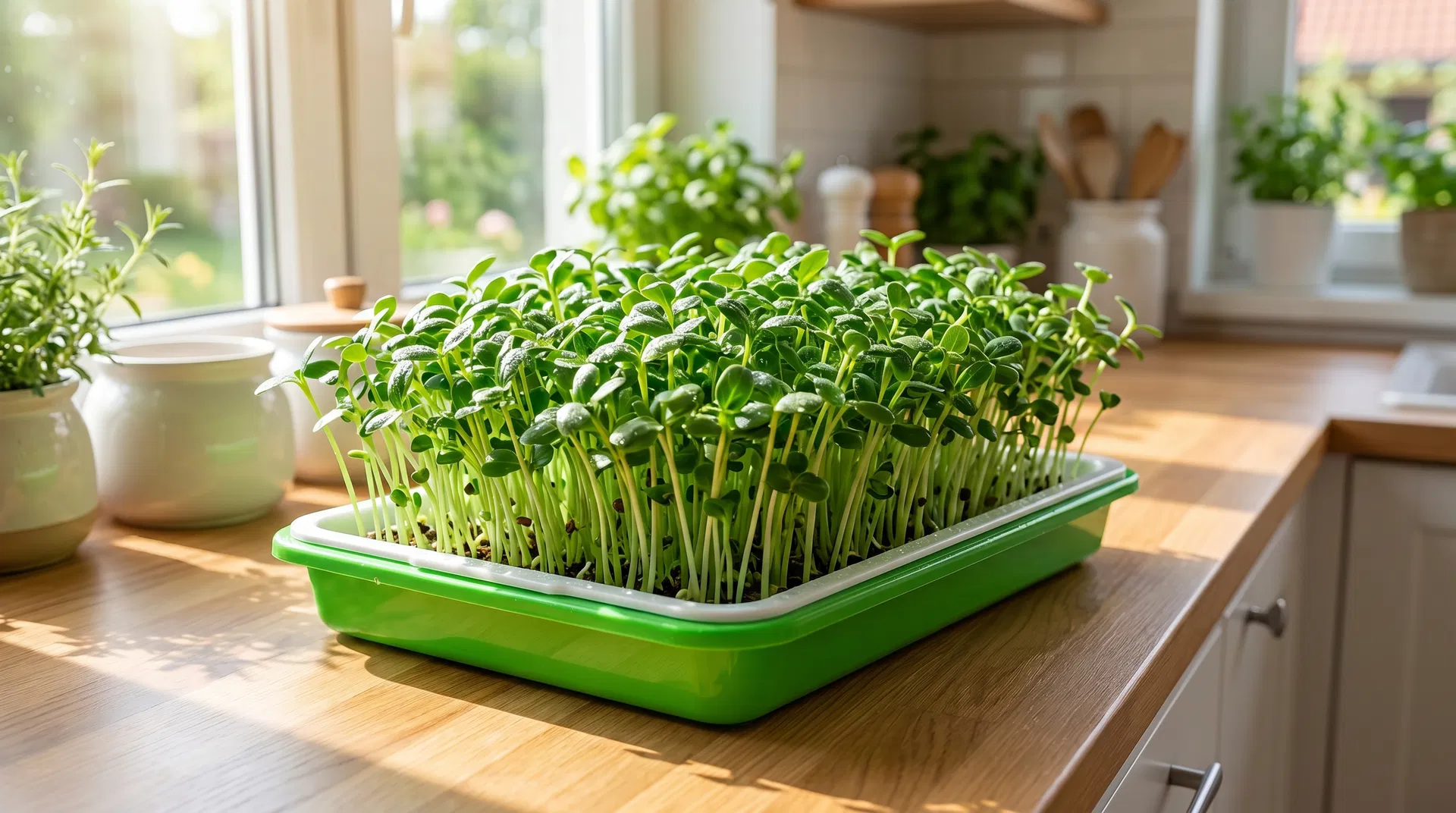 Lush microgreens growing in a green tray on a kitchen counter