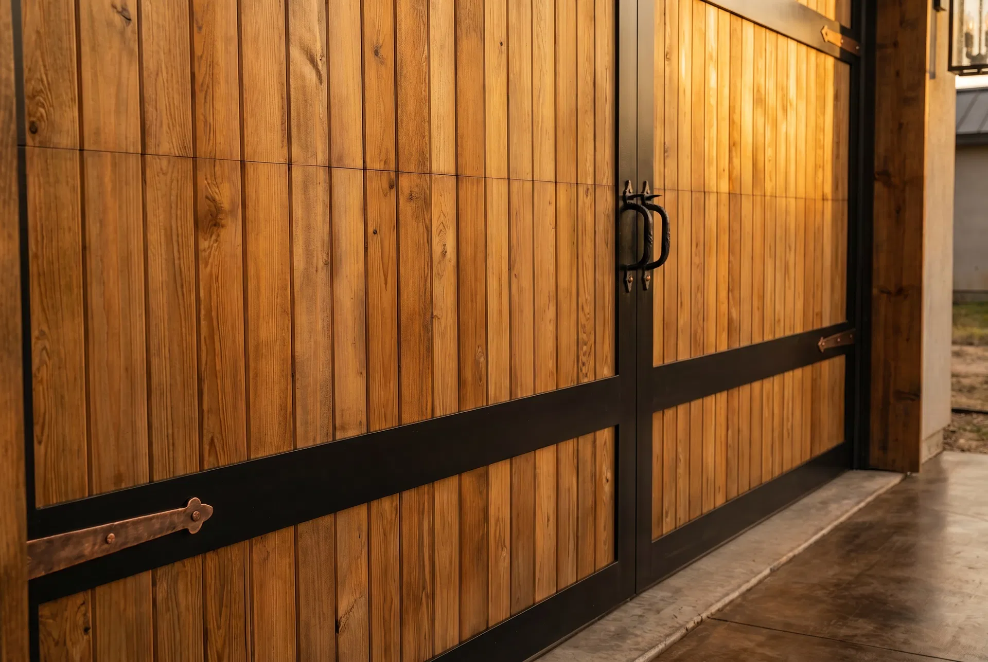Close-up detail of custom wood and steel garage door craftsmanship