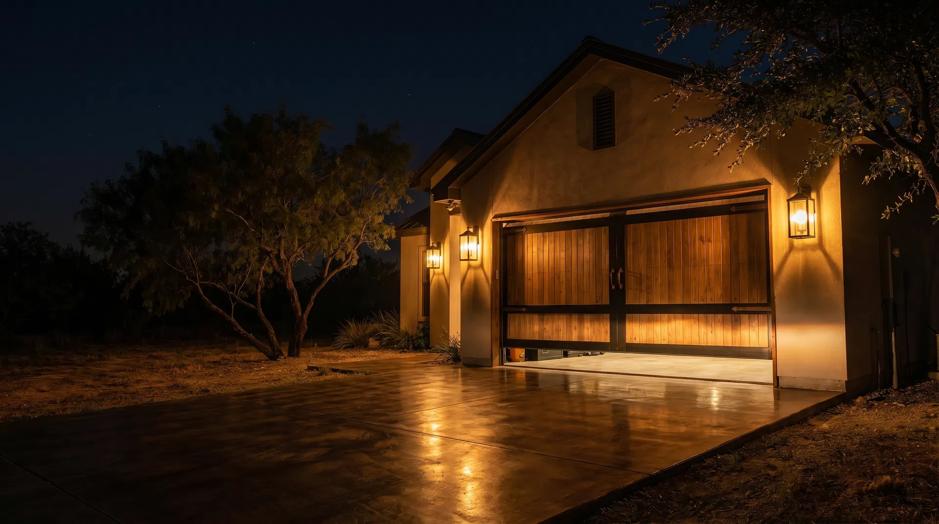 Nighttime garage door service image representing emergency availability