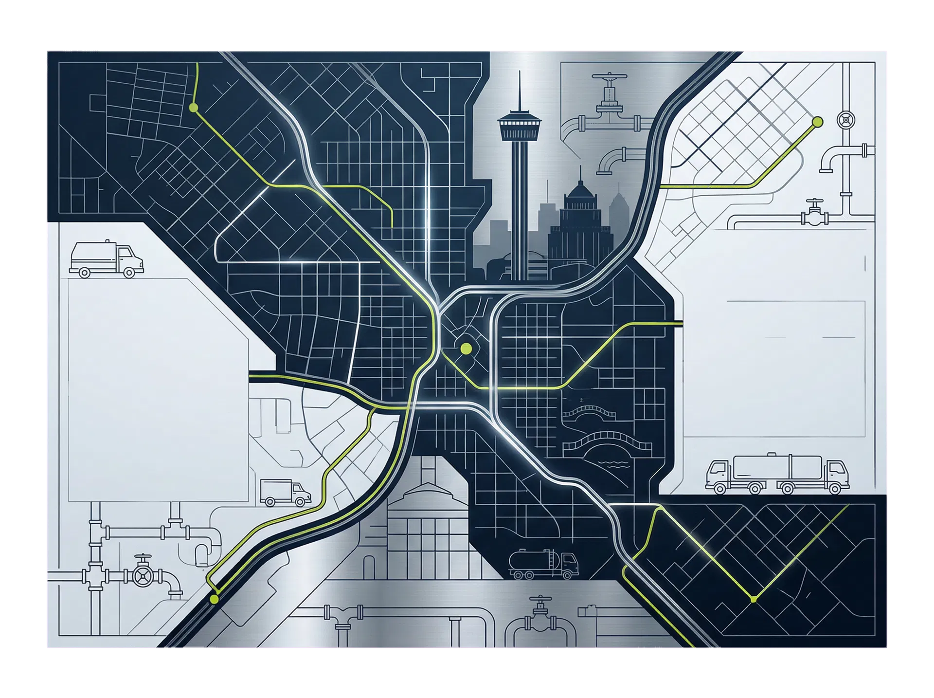 San Antonio service-area artwork with map-inspired blueprint routing