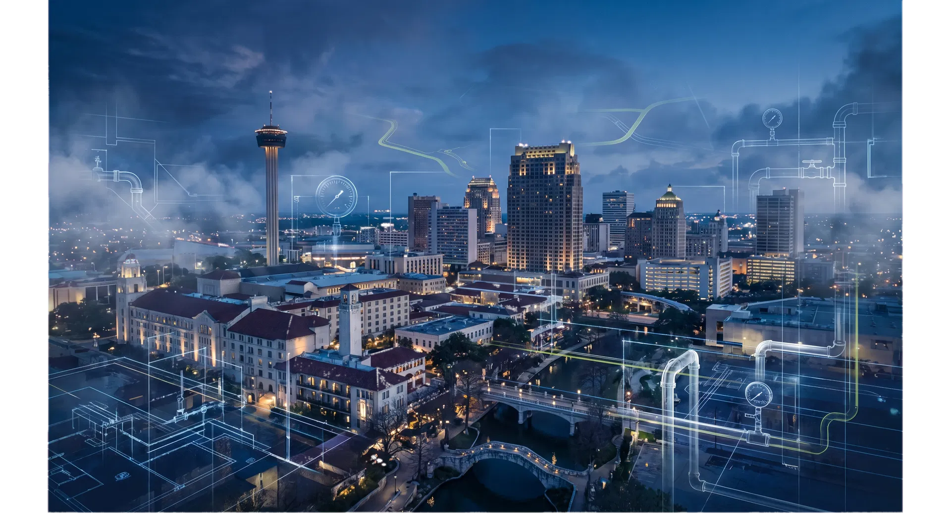 San Antonio skyline with elegant blueprint-inspired plumbing overlays