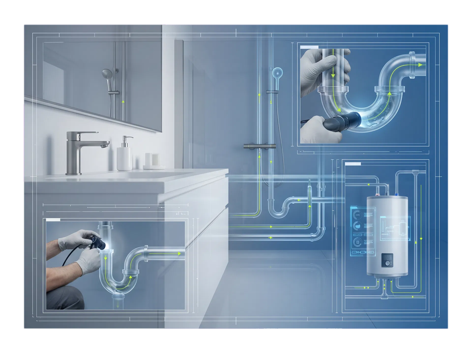 Modern residential plumbing environment with blueprint overlays showing service capabilities