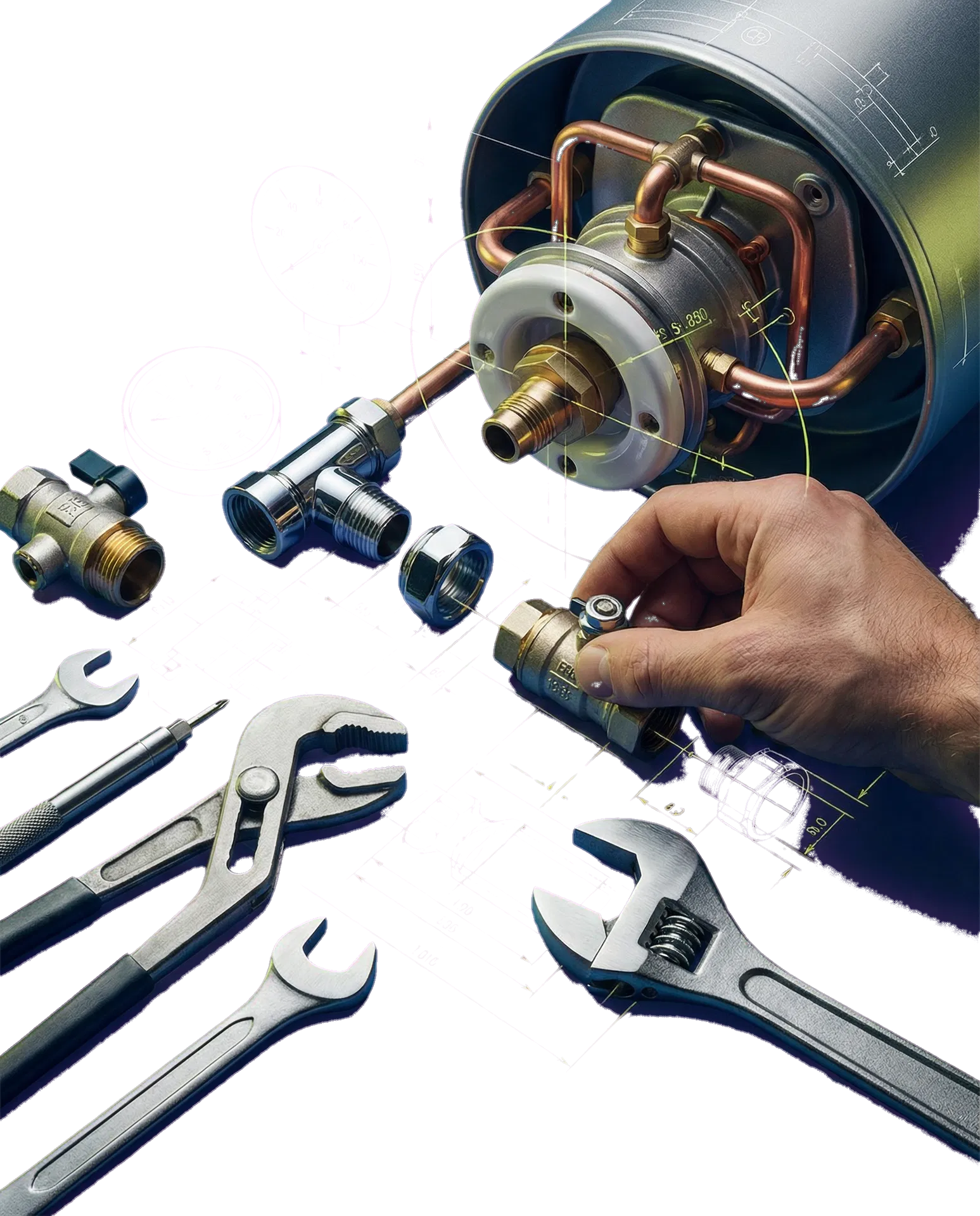 Detailed plumbing craftsmanship with premium fixtures and blueprint overlays