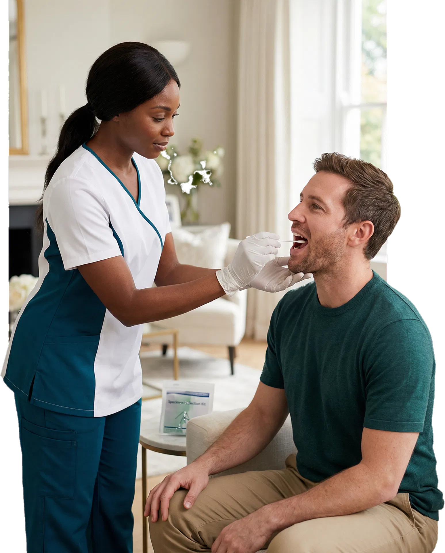 Black female mobile DNA technician collecting an oral cheek swab from a white male client during a private in-home appointment