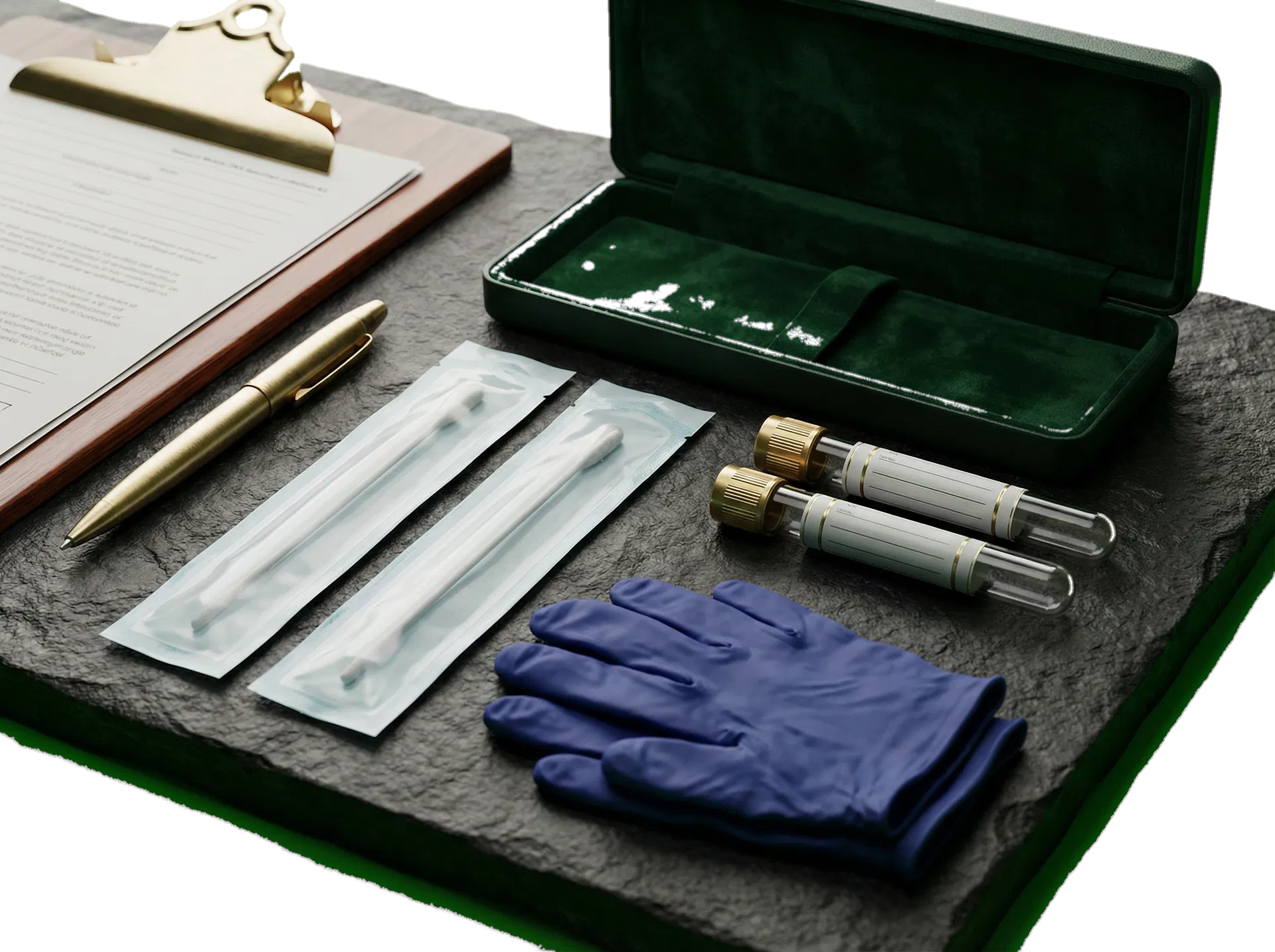 Mobile DNA specimen collection kit arranged with professional tools