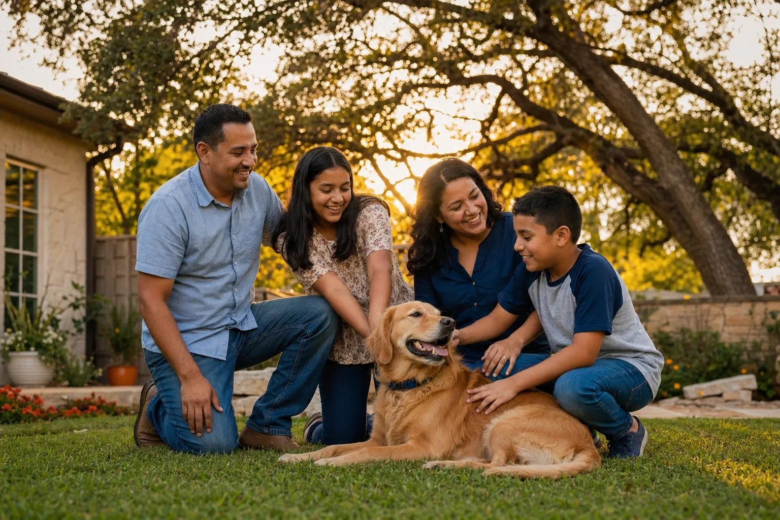 Happy San Antonio family with their well-trained dog