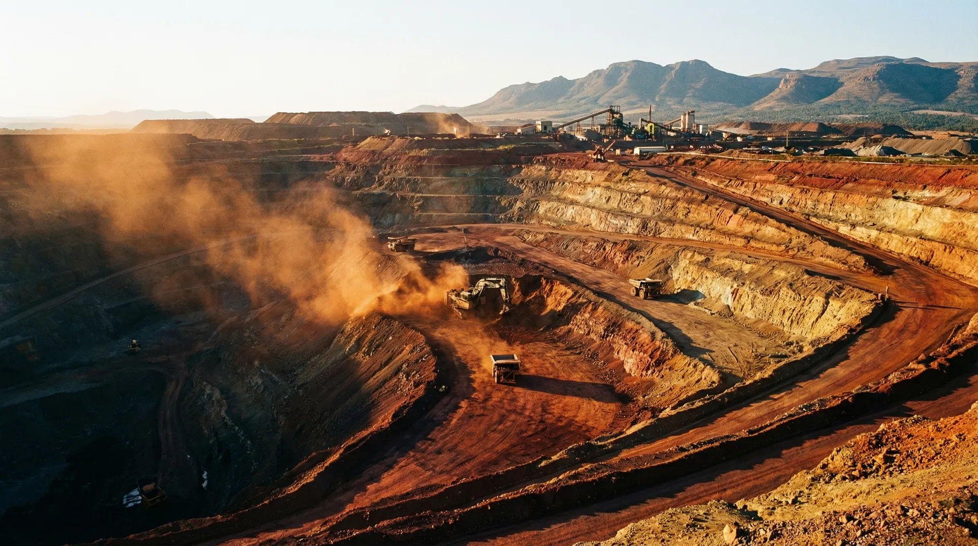 Open-pit mining operation in Africa showing haul trucks and conveyor systems