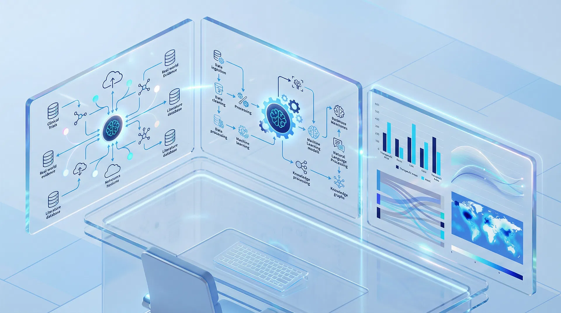 Workbench three-pane preview showing data sources, analytics, and insights