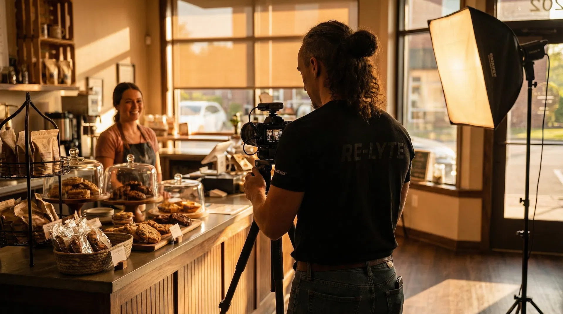 Videographer filming a small business owner