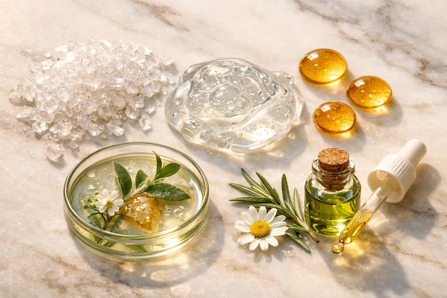 Natural skincare ingredients on marble surface