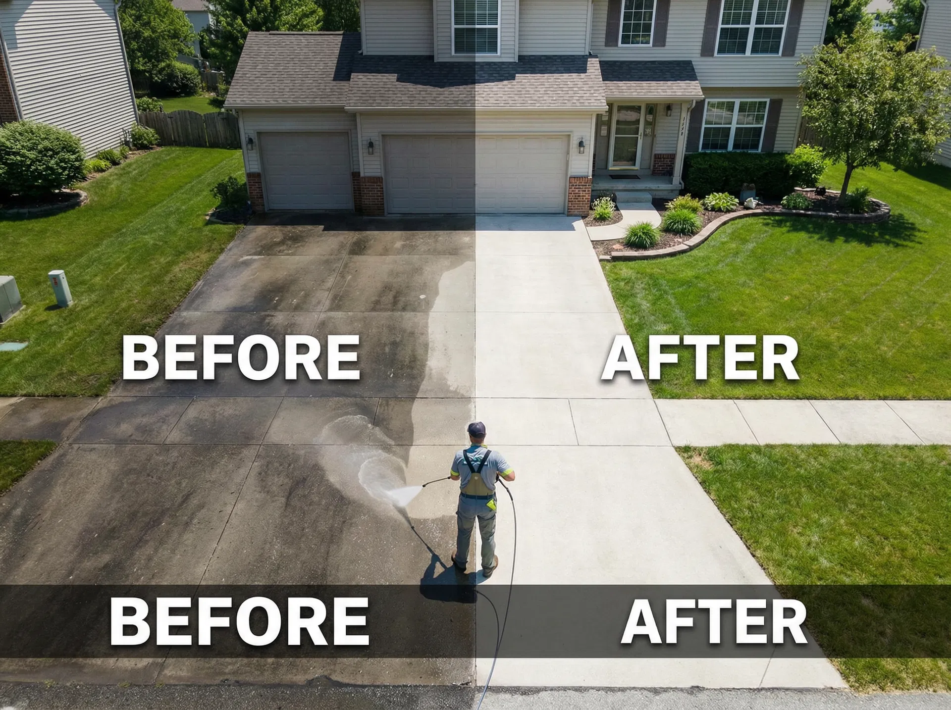 Driveway pressure washing before and after