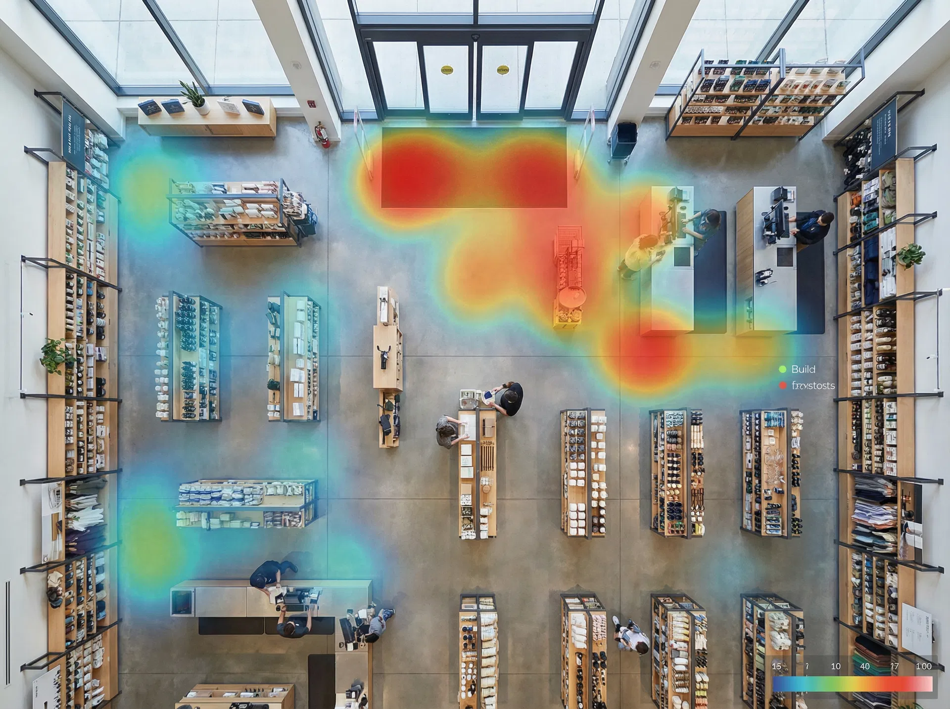 Retail store overhead view with AI-powered heat map analytics overlay showing customer traffic patterns
