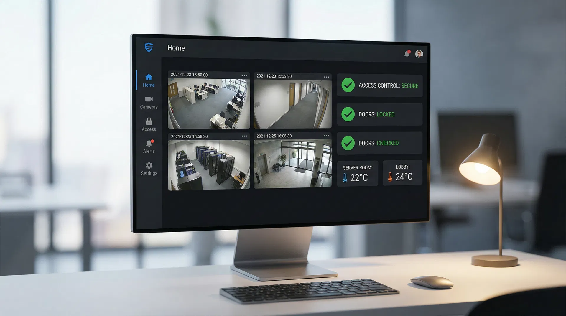 SimplySecure enterprise security dashboard showing camera feeds, access control status, and temperature monitoring