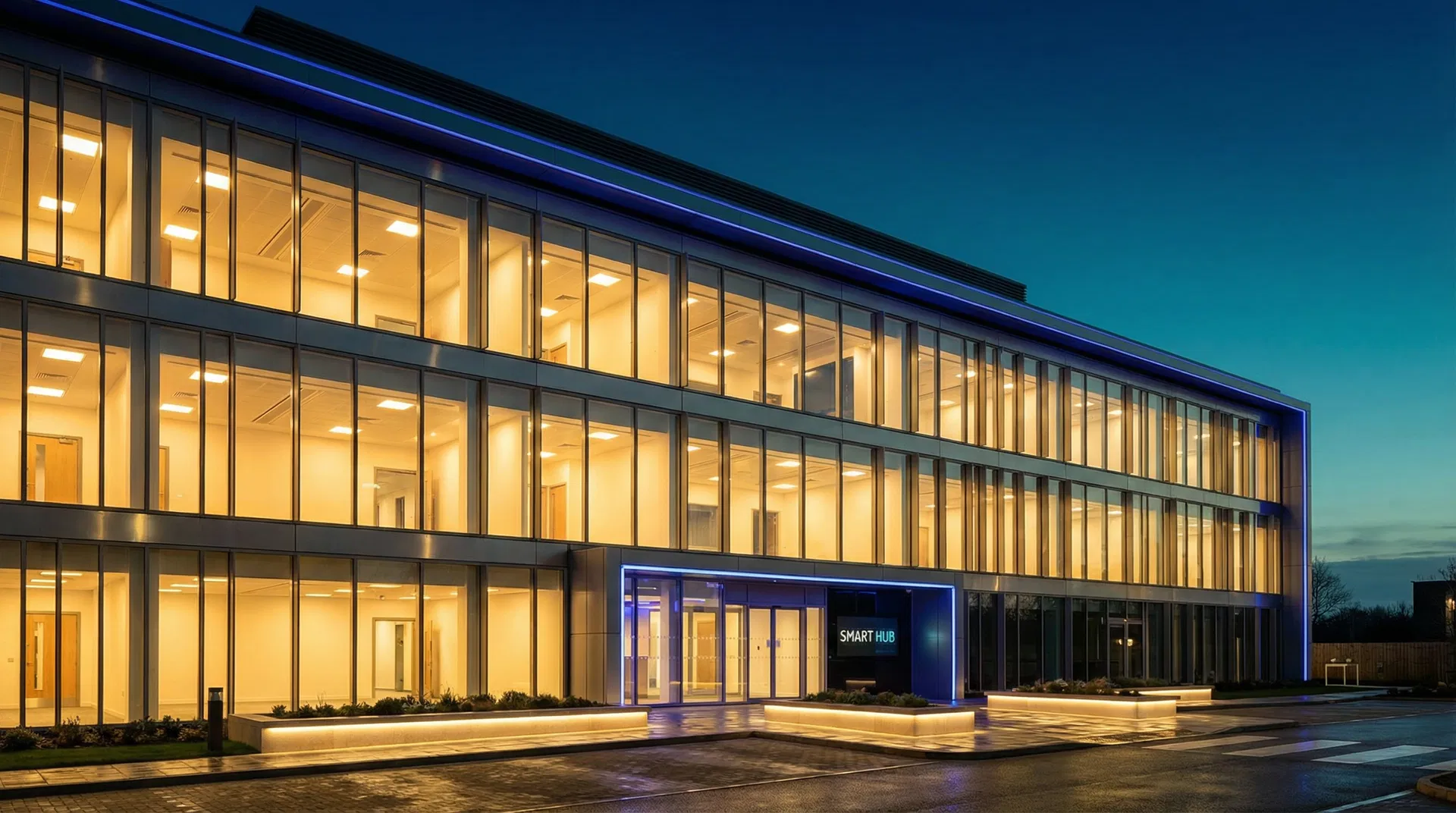 Modern commercial building at twilight