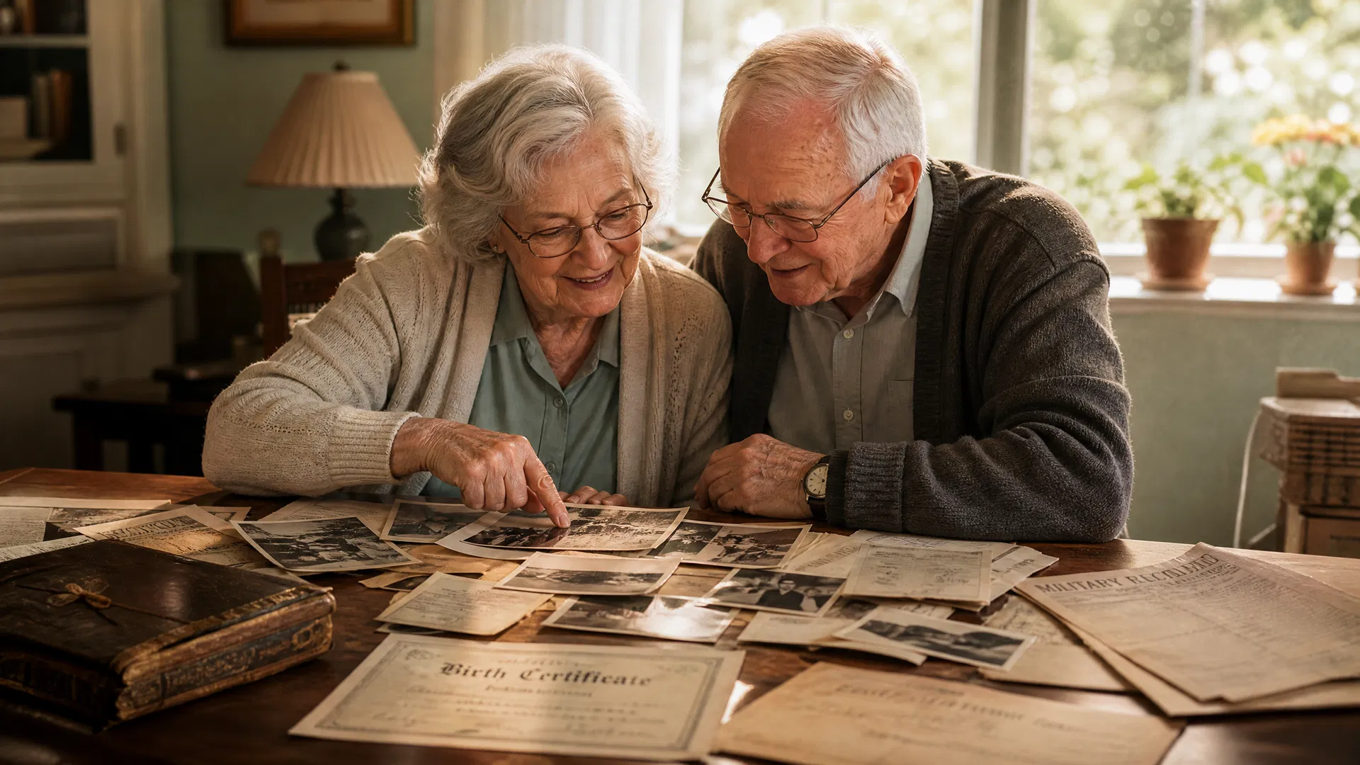 Senior reviewing family photographs