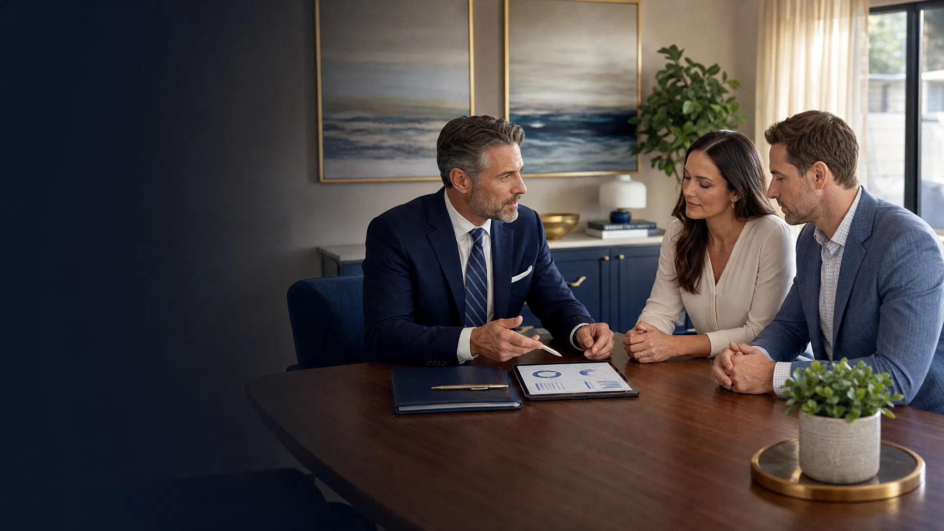 Civilian insurance advisor reviewing coverage options with a professionally dressed couple in a modern advisory office