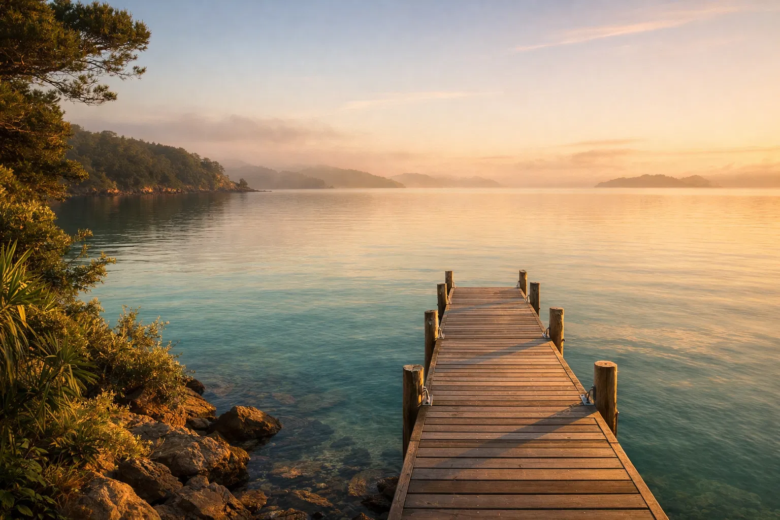 Serene coastal scene at golden hour