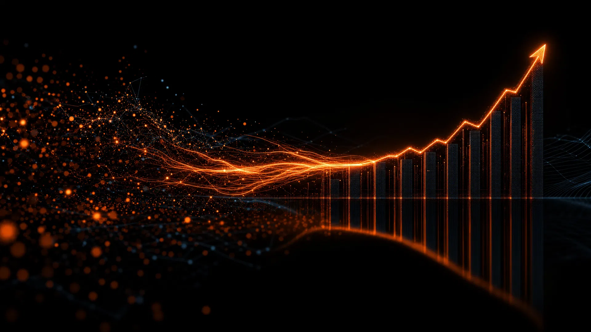 Abstract visualization of AI data streams transforming into revenue growth — representing Bridge360's mission