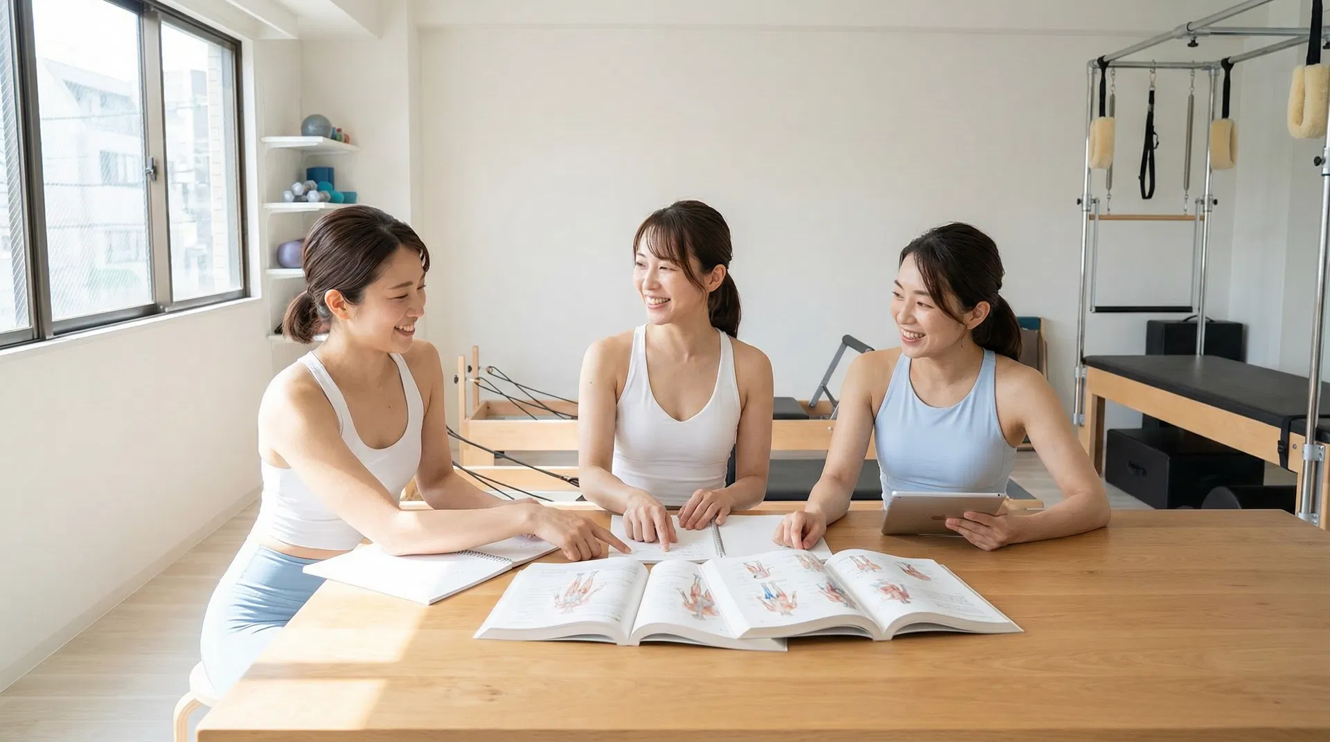女性インストラクターが勉強・相談している様子