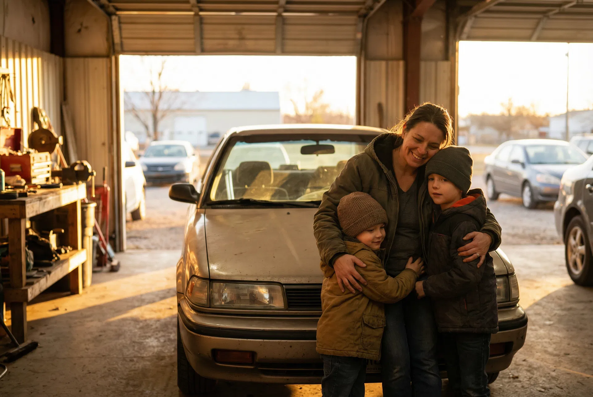 A grateful mother embracing her two children in front of their repaired car at a community garage