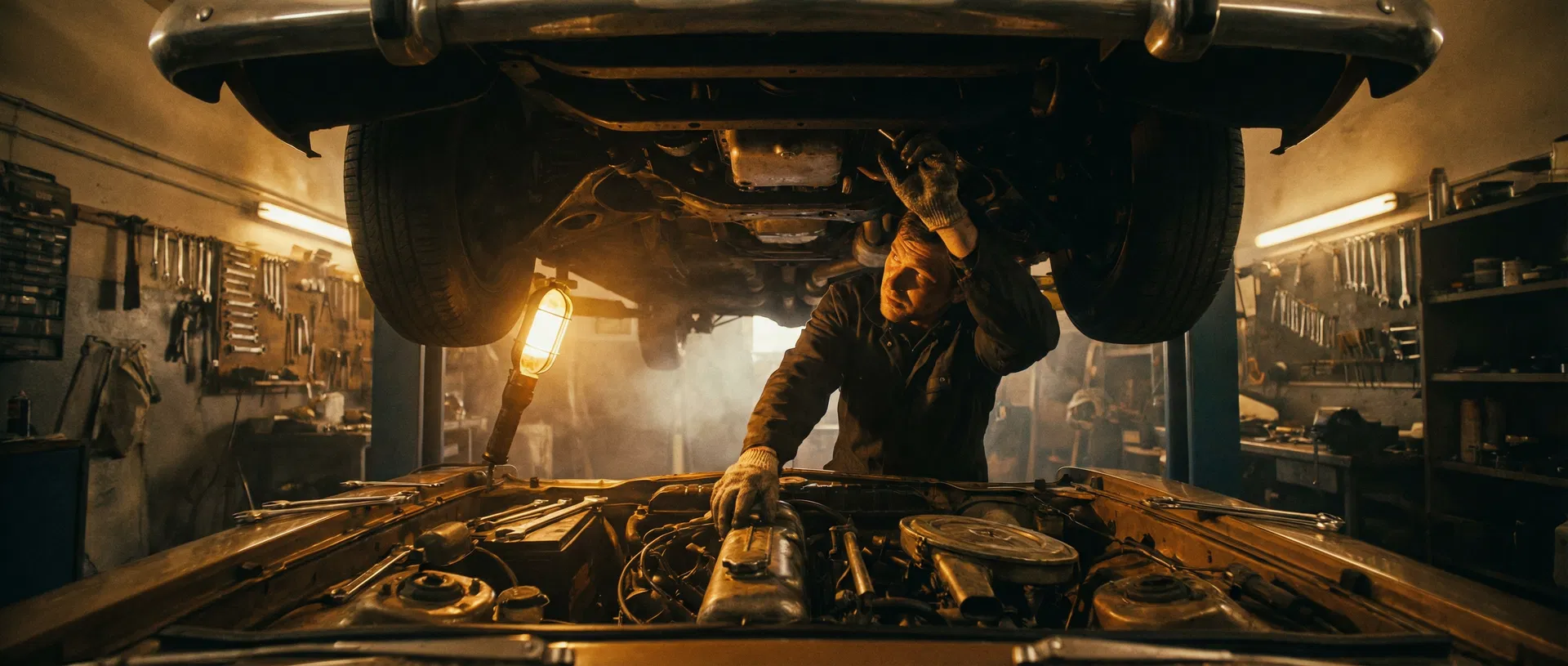 Skilled mechanic working under the hood of a car in a warm-lit workshop, representing Support Mission's dedication to vehicle repair