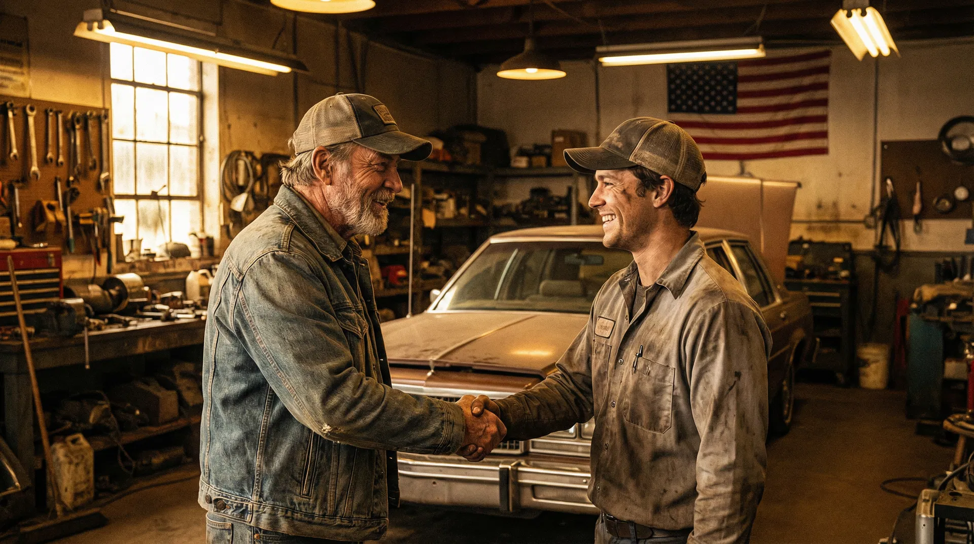 A veteran and mechanic sharing a grateful handshake in a community garage with an American flag in the background