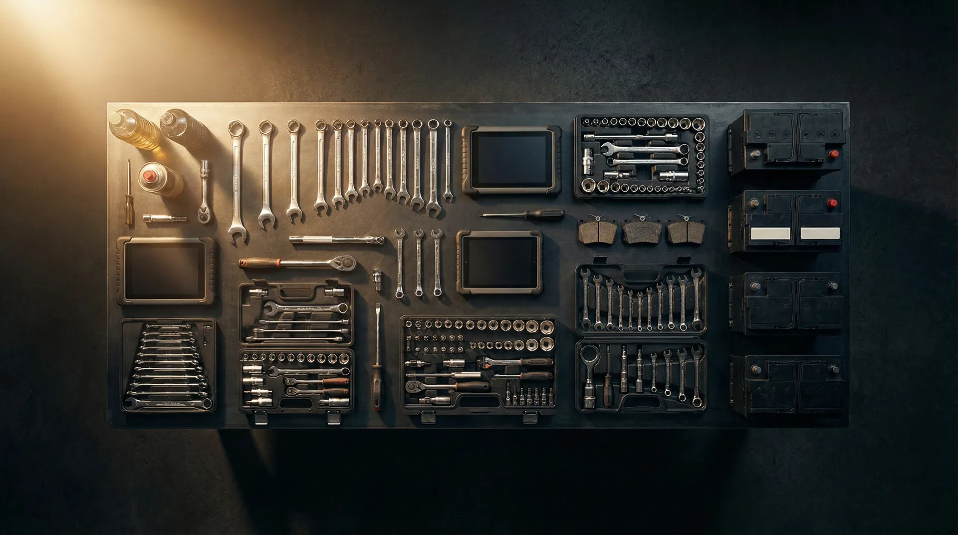 Professional automotive tools meticulously arranged on a dark workshop bench