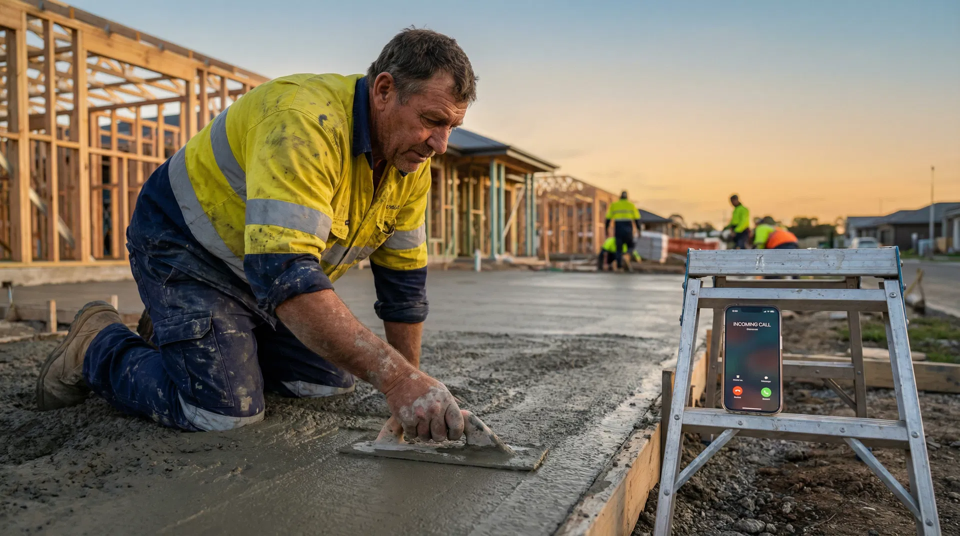 Australian concreter mid-pour with phone ringing