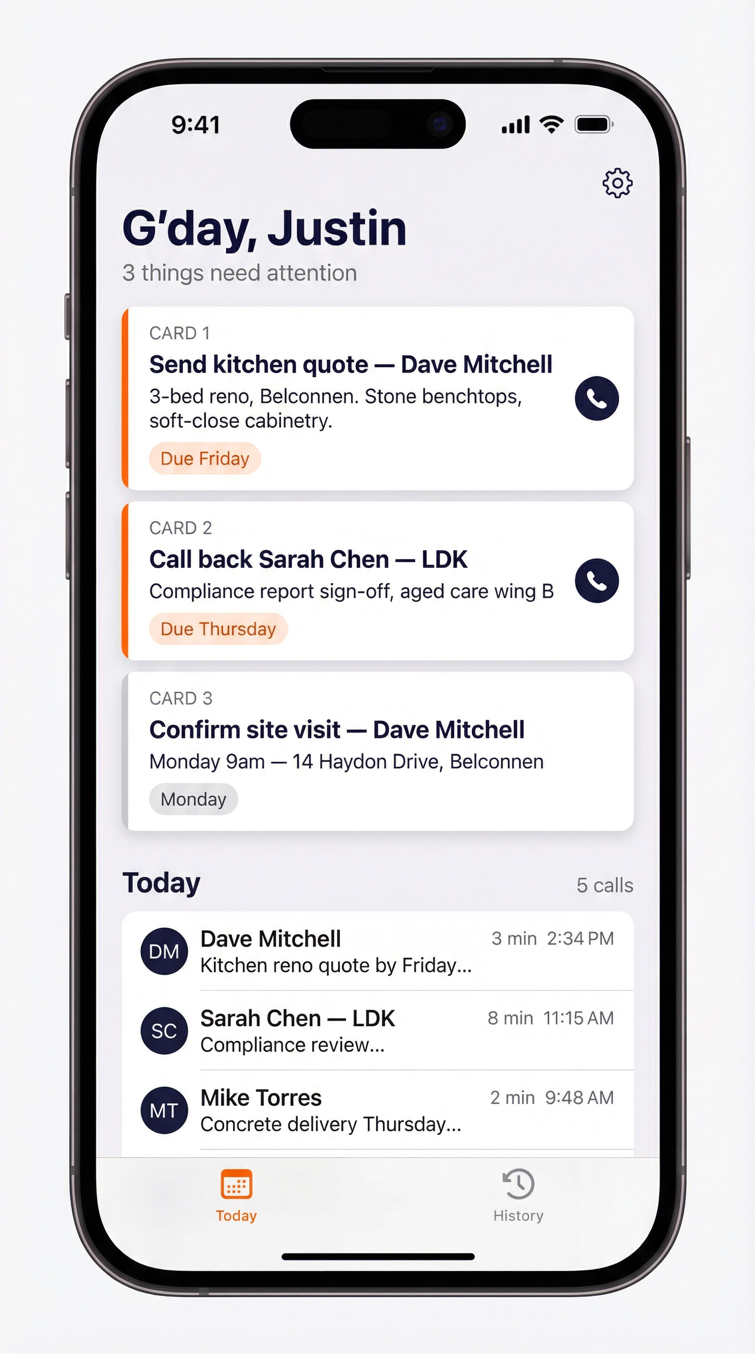 Rewynd home screen showing action items