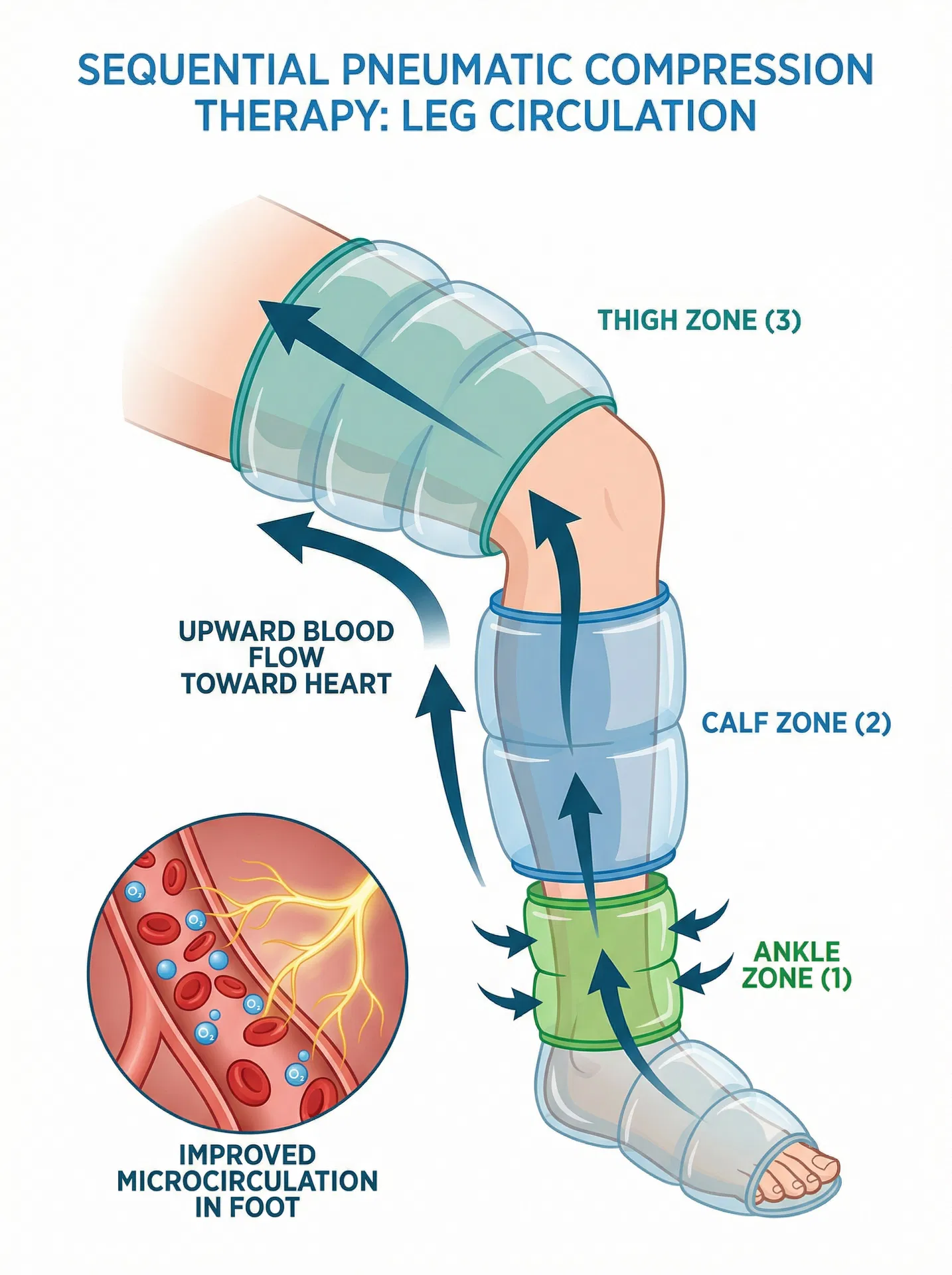 Sequential pneumatic compression therapy diagram showing 3 zones: ankle, calf, and thigh with upward blood flow
