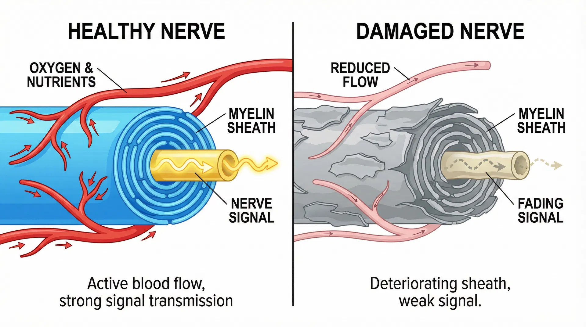 Healthy nerve vs damaged nerve comparison - showing reduced blood flow and deteriorating myelin sheath