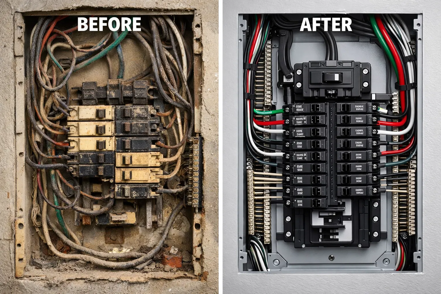 Ancien tableau électrique rouillé avec câbles enchevêtrés