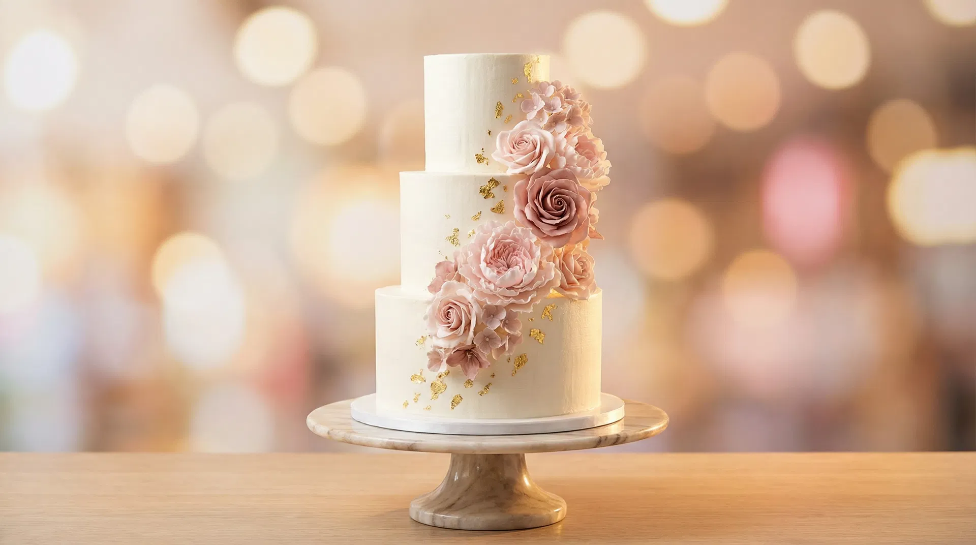 Luxury custom wedding cake with blush roses and gold leaf