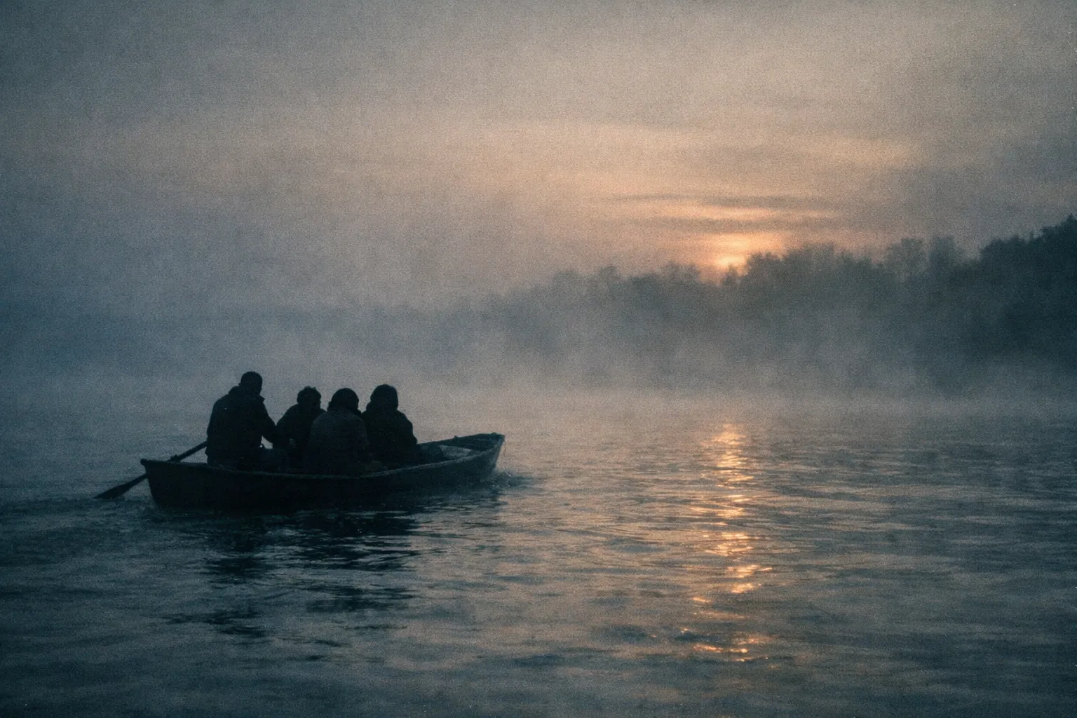 A small boat crossing the Mekong at dawn
