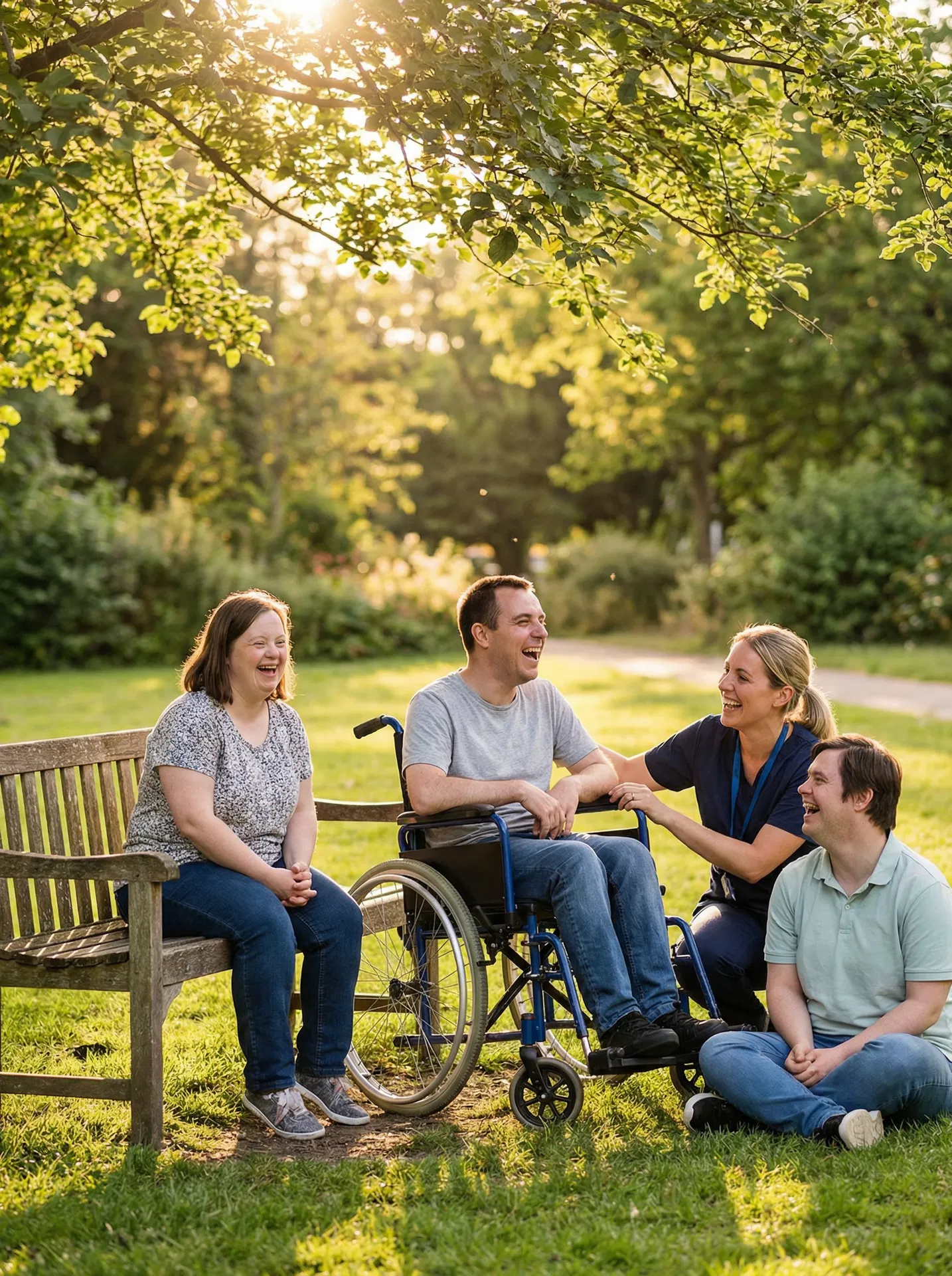 Adults with disabilities laughing together in a sunny park