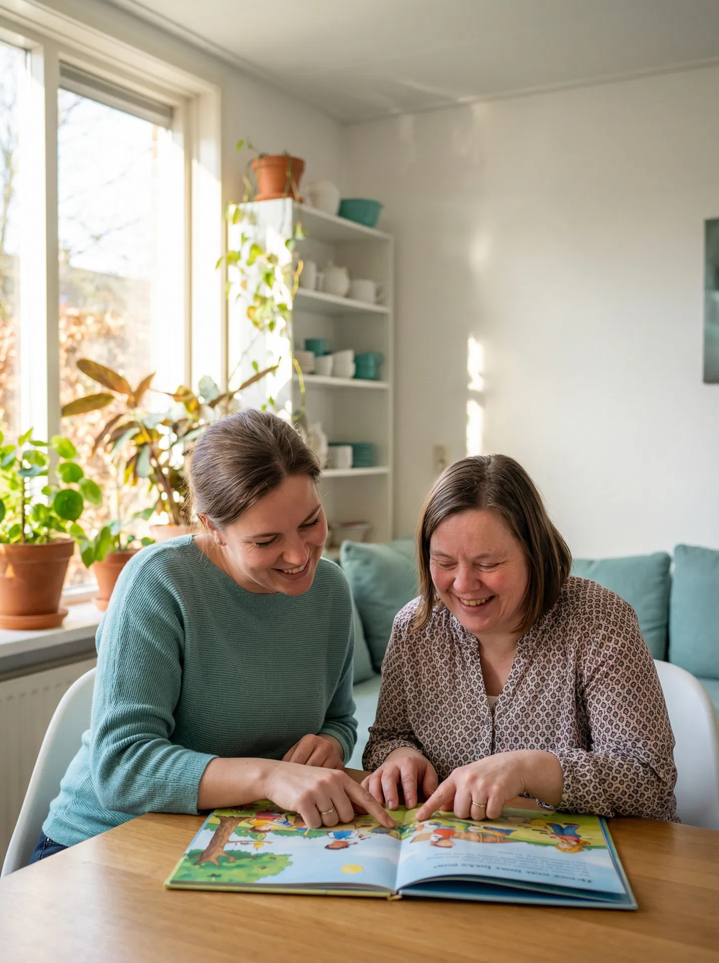 Caregiver and client reading a picture book together at home