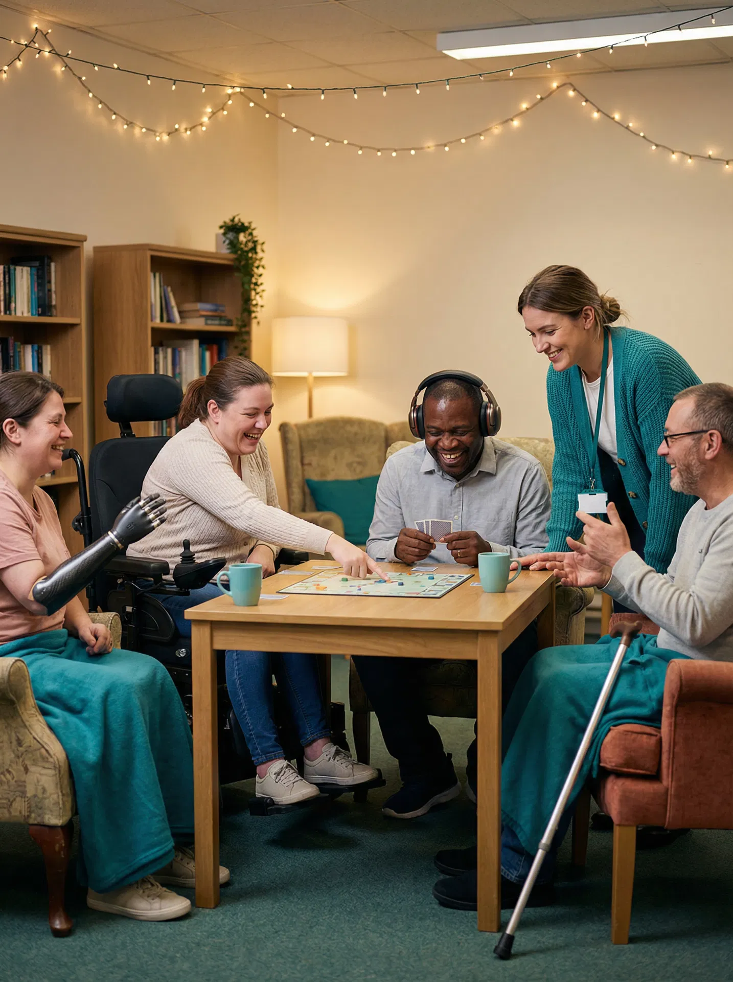 Group of adults with disabilities enjoying a board game with a caregiver