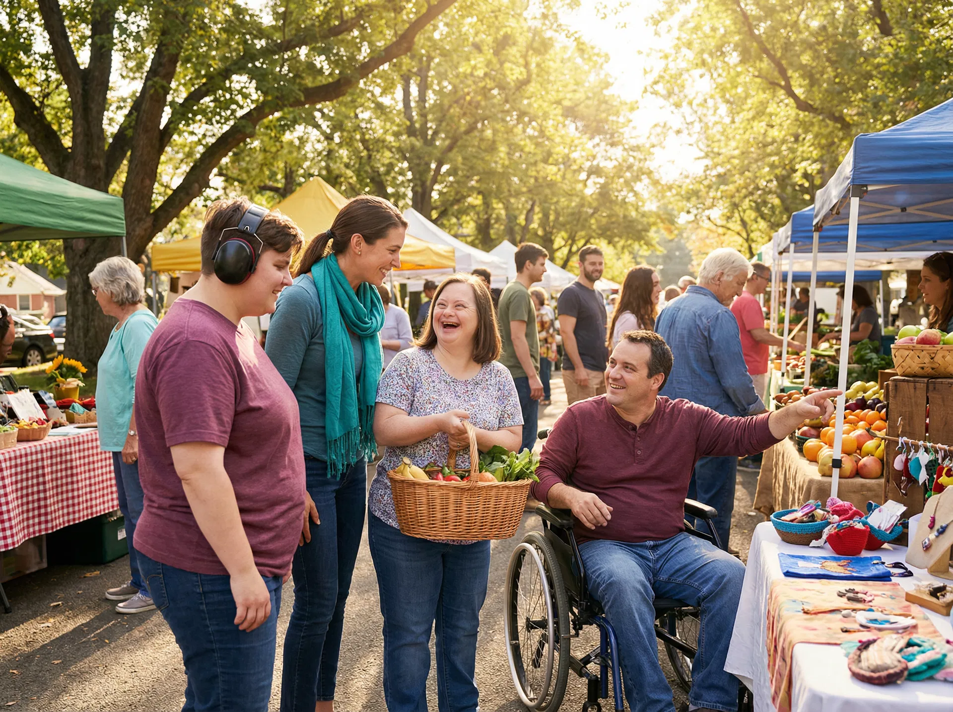 Diverse group of adults with disabilities enjoying a community farmers market